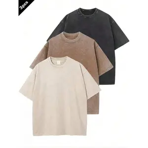 Men's 3-Pack Washed Oversized Tee Set, 230g Heavy Cotton Basic T-Shirts