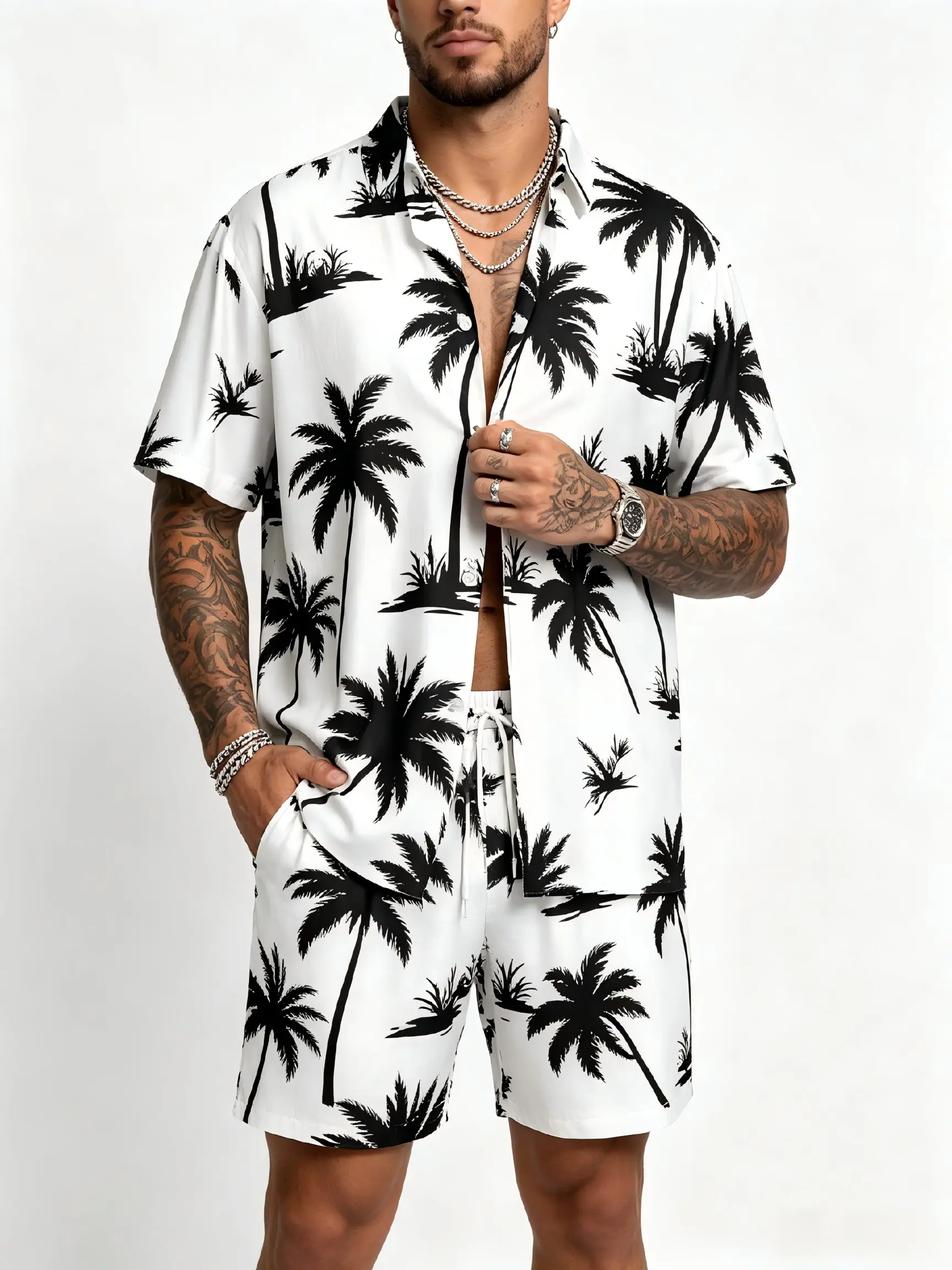 Mens Summer Outfits 2 Piece Tropical Hawaiian Beach Vacation Set | Short Sleeve, Button Down Shirts, Elastic Waist Shorts, Cruises Holiday Set, 5 Styles Palm Tree Full Print, 2XS-6XL