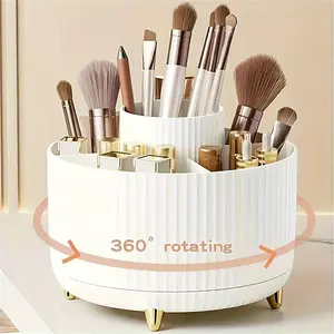 360 Degree Rotating Makeup Organizer Box, 5 Grids Durable Plastic Luxury Stripe Design Desktop Storage Rack, Accent