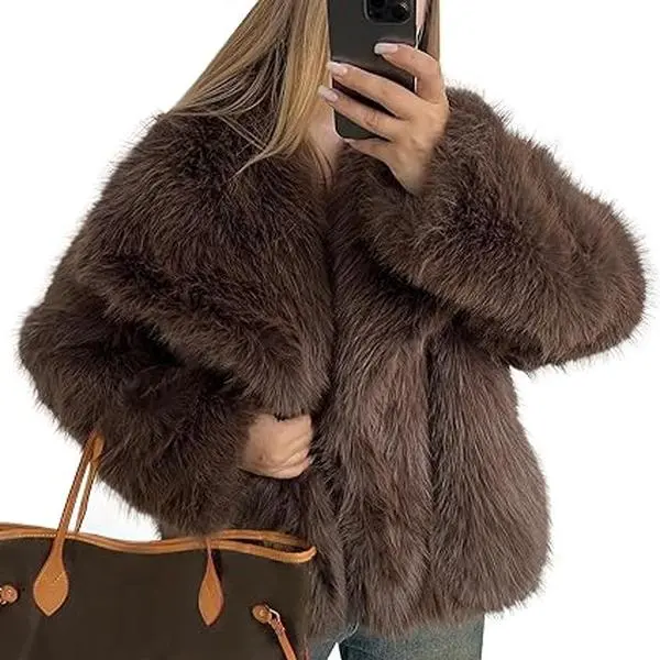 Wandal Women Oversized Lapel Fluffy Faux Fur Short Jacket Loose Long Sleeve Cropped Coat Warm Winter Daily Party Street Outerwear OOTD