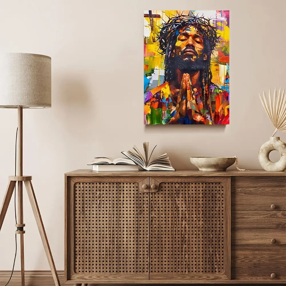 African American Jesus Canvas Wall Art, Colorful Abstract Black Jesus Praying Print, Religious Crown of Thorns Spiritual Decor, Vibrant Christian Faith Artwork for Living Room Bedroom Church, Ready to Hang Modern Decor