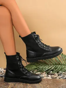 Women's Plaid Ankle Boots, Fabric Patchwork Leather Design, Fashionable Elastic Boots, Non-Slip Thick Sole, Fall Winter Wear