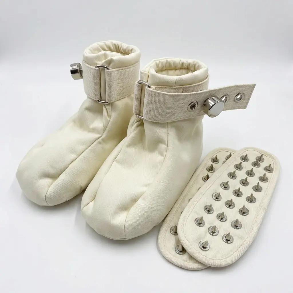 Women's Magnetic Closure Restraint Shoes - Spiked Insoles, Adjustable Ankle Belt, Beige Cotton Soft Padded Booties, Wide Toe Box Footwear for Psychiatric Patients & Dementia Elderly Care