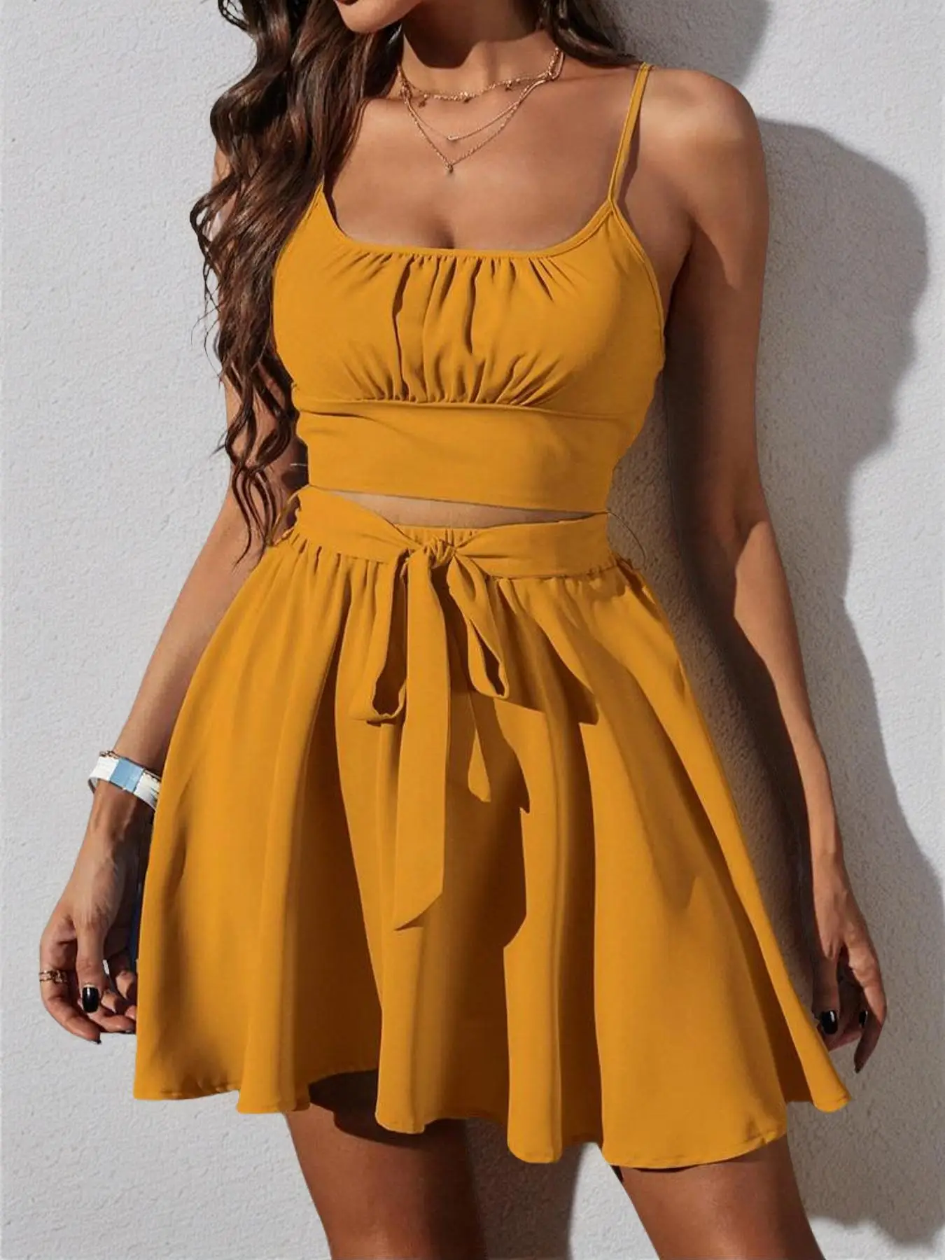 Two-piece Set Women's Ruched Shirred Crop Cami Top & Belted A Line Skirt, Solid Spaghetti Strap Top & High Waist Flared Skirt Set for Summer, Back To
