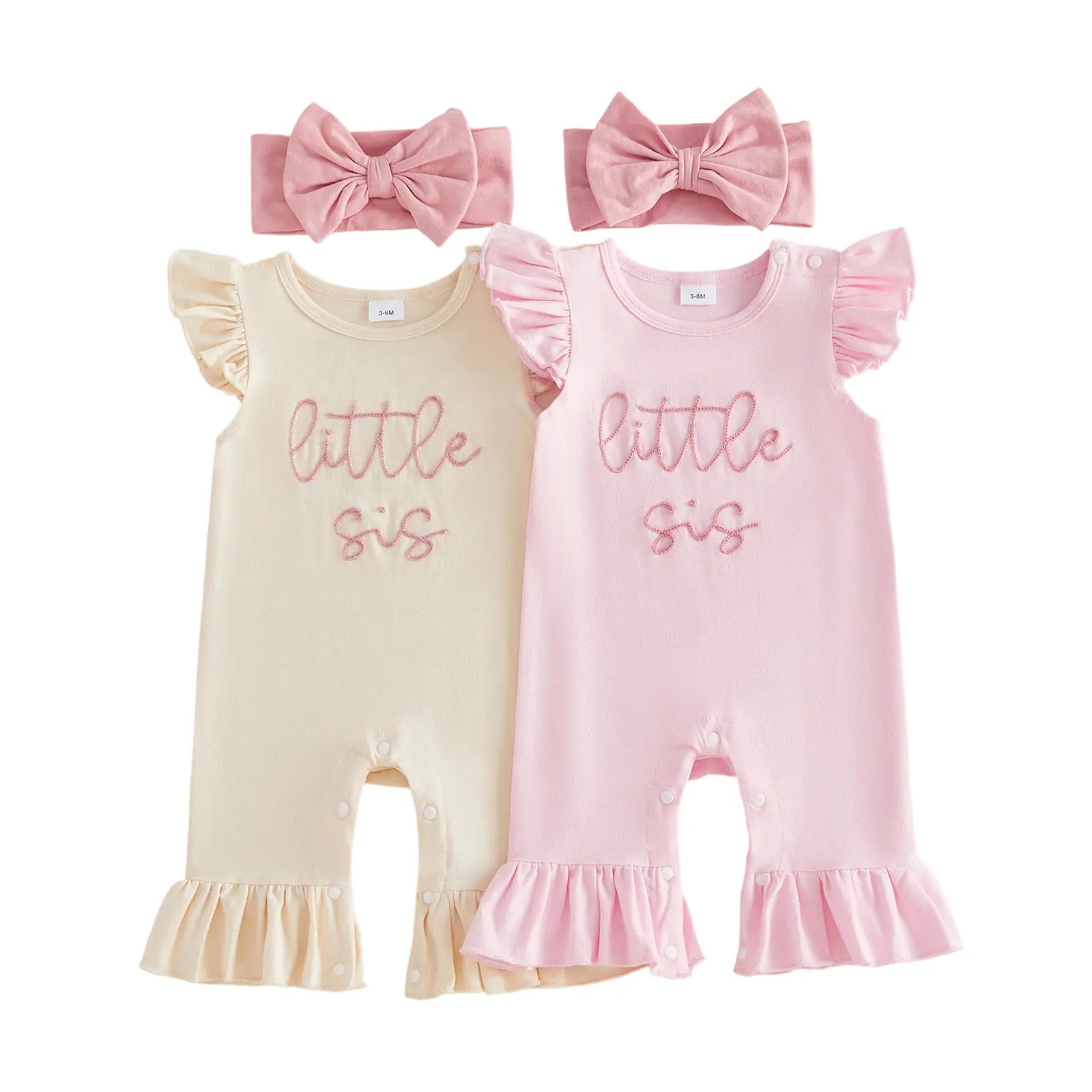 Preemie Newborn Baby Girl Outfits Letter Embroidered Flutter Sleeve Flared Pants Romper and Headband Set 0-6 Months