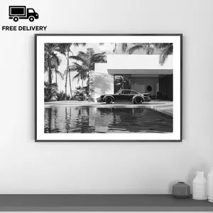 Unfame, Vintage Classic Car Print, Porsche 911 Pool Palms, Fine Art Photography Wall Art, Museum Quality Print, Classic Black and White Poster