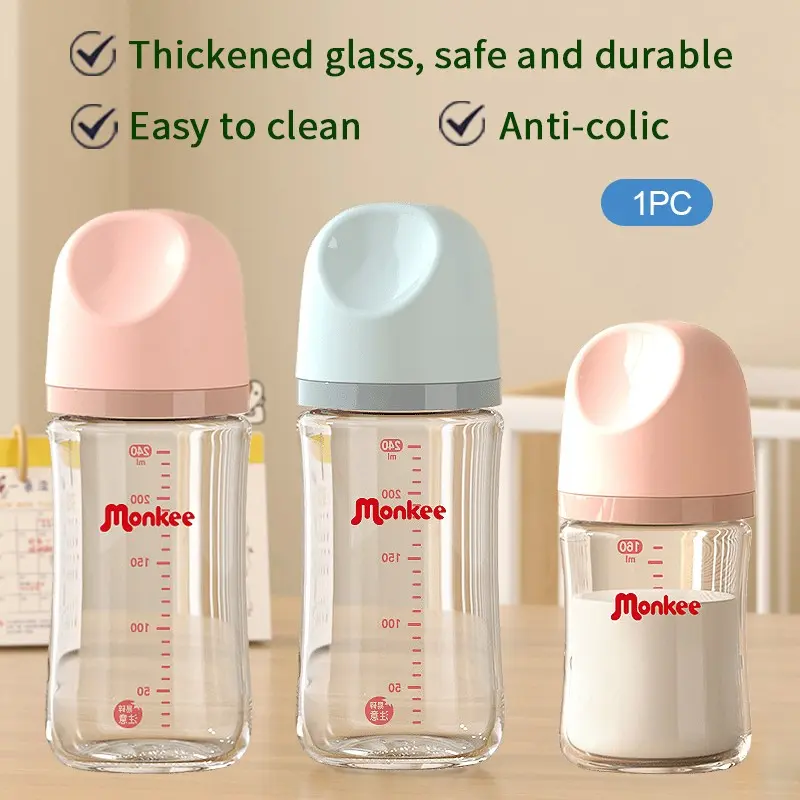 Glass Baby Bottle 160ml/240ml, Wide Neck, Heat-Resistant, BPA-Free, Anti-Colic, BPA Free Bottles, Breastfeeding Bottle with Natural Response Eccentric Nipple, Easier Feeding, Suitable for Babies, Durable and Easy to Clean, Cute Pink/Blue Cap, Baby Bottle