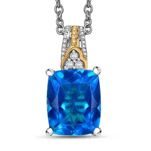 Caribbean Quartz and White Zircon 4.40 ctw Pendant in 18K Yellow Gold Plated with ION Plated Yellow Gold Stainless Steel Necklace 20 Inches