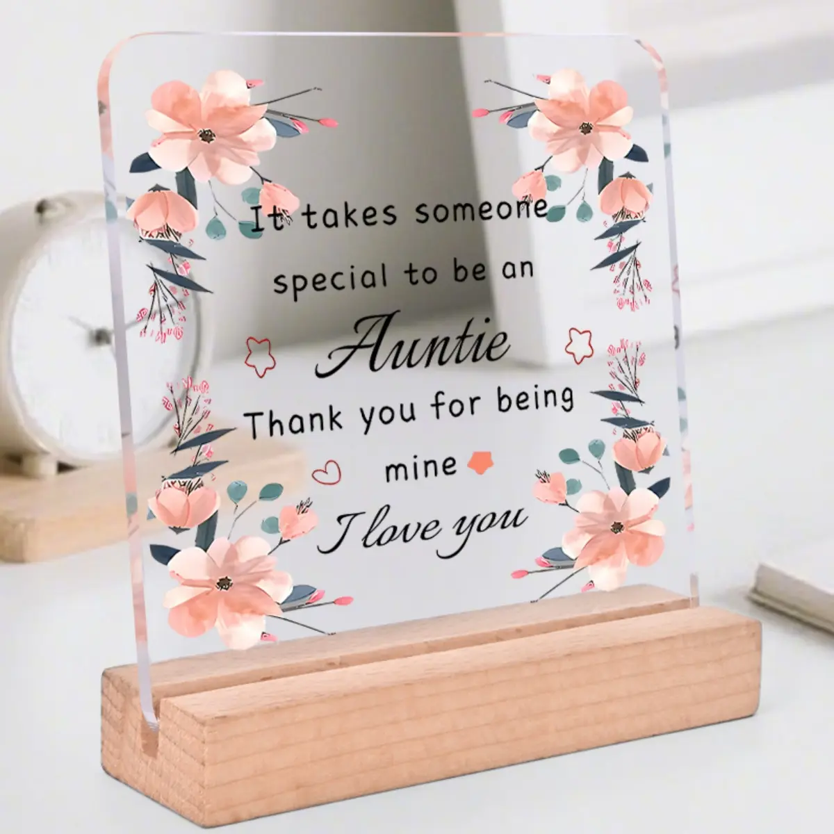 Elegant Aunt Floral Acrylic Signage Decorative Plaque Sign with Wooden Base, Birthday Gift for Aunts, Home Office Bedroom Desk Decor Art