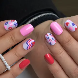Curvlife extra short oval patterns prints Gel Press On Nails  striped pink glossy shiny for valentines day Nail Art 2 Week Wear
