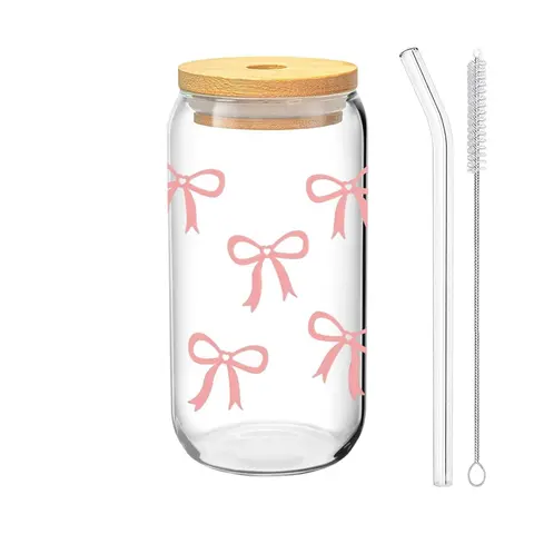 1/4/8 Pack Bow Pattern Glass Cup, Drinking Tumbler with Lid, Includes Glass Straw and Straw Brush, 16oz/480ML Iced Coffee and Beverage Cup, Drinkware