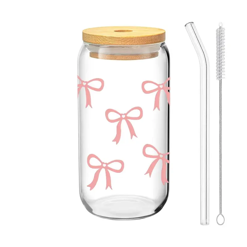 1/4/8 Pack Bow Pattern Glass Cup, Drinking Tumbler with Lid, Includes Glass Straw and Straw Brush, 16oz/480ML Iced Coffee and Beverage Cup, Drinkware