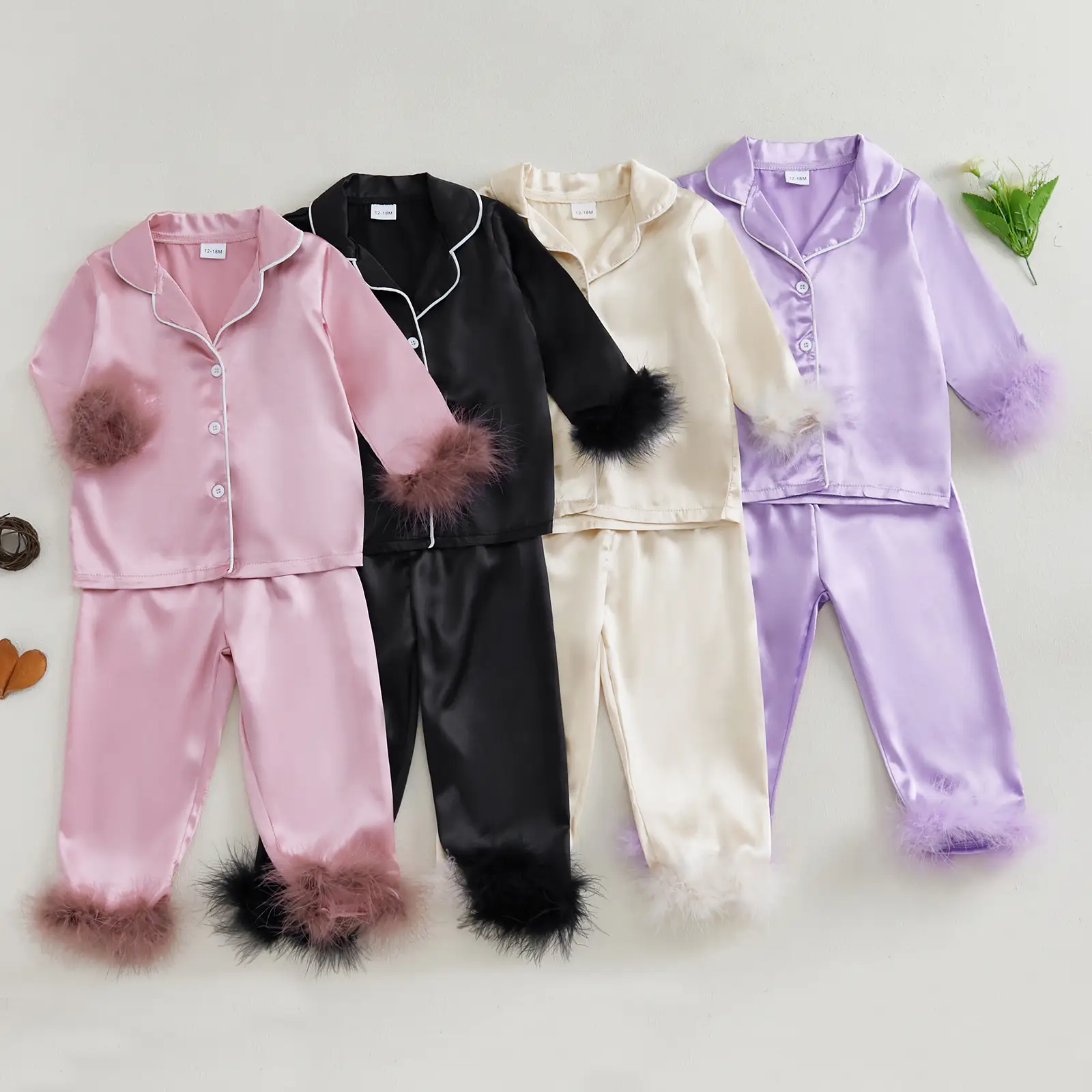 Kids Baby Little Girl Satin Pajama Set Fuzzy Trim Long Sleeve Button Down Tops Elastic Waist Pants 2 Piece Sleepwear Set Cozy Cute