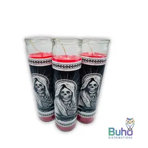 Holy Death 8" Full Label-Red | Santa Muerte Roja| Set of 3 Religious 8” Candles | Búho Distribution