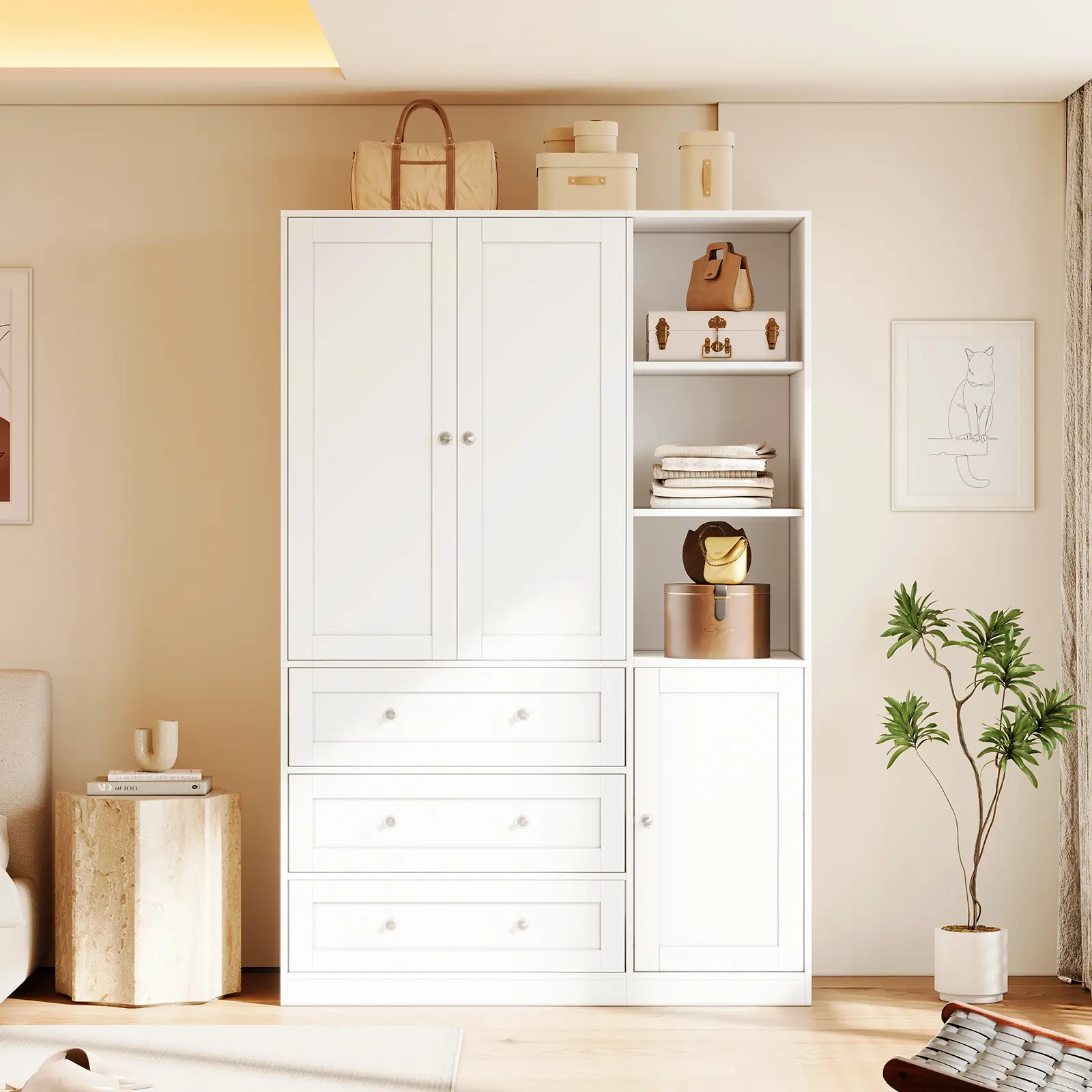 【2 Packages Delivery】VOWNER Wardrobe Closet Armoire with Open Shelves Storage Cabinet 3 Doors with Hanging Rod for Hanging Clothes Bedroom Large Capacity Tall Freestanding Armoire Organizer