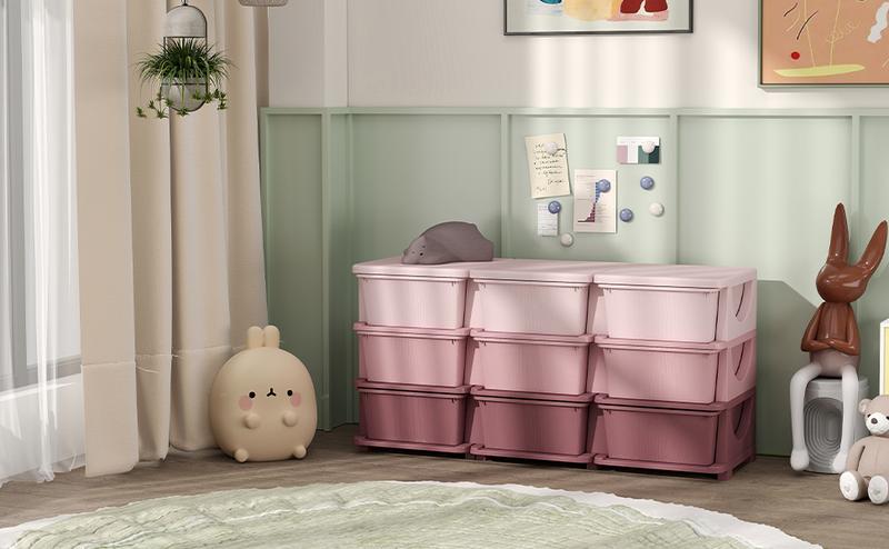 Qaba 3 Tier Kids Storage Unit with 3-9 Drawers Chest Toy Organizer Plastic Bins for Kids Bedroom Nursery Living Room for Boys Girls Toddlers