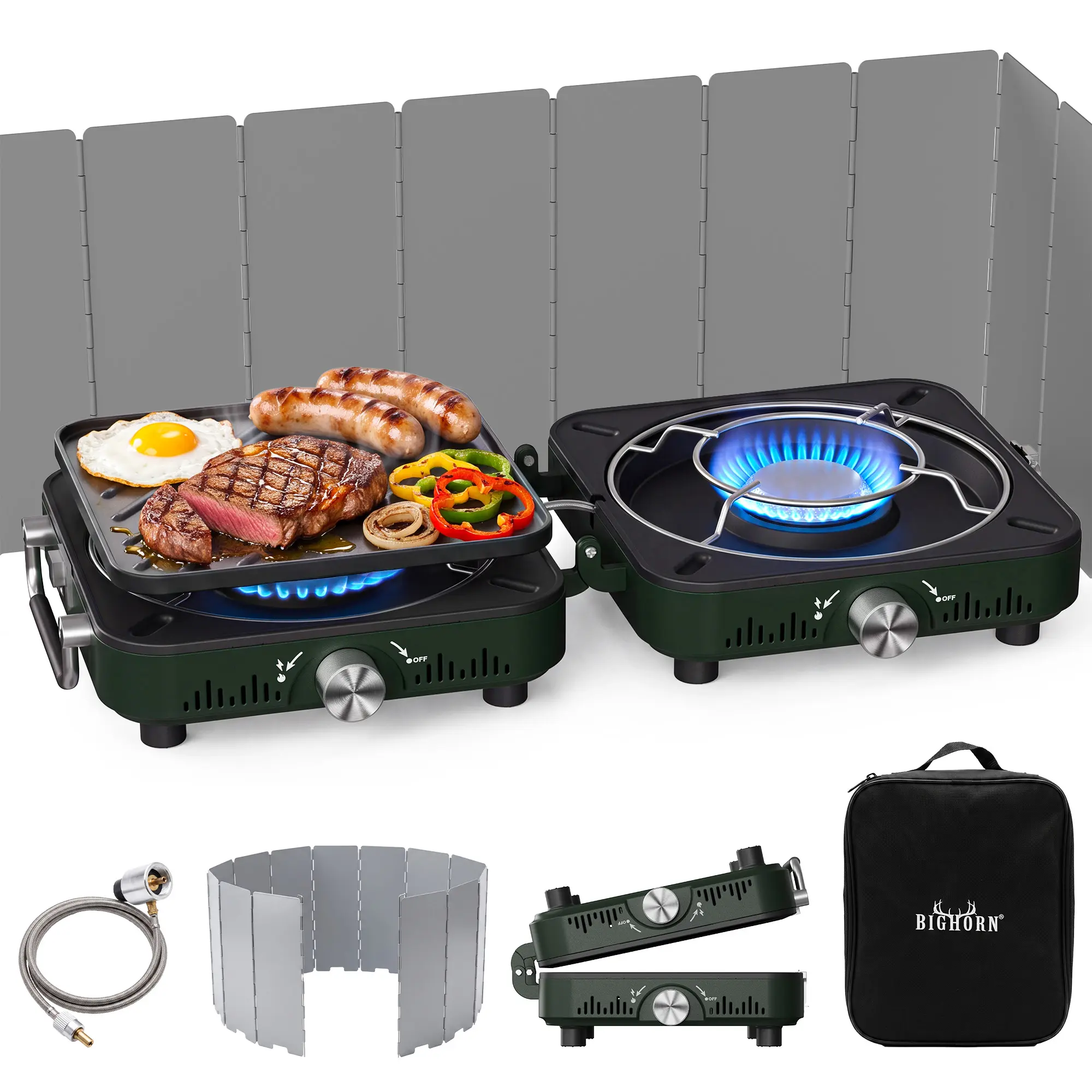 BIG HORN OUTDOORS 2 Burner Propane Camping Stove, Portable Camp Stove, Folding Gas Stove, Includes Frying Pan & Carry Bag for Camping, Emergency Use and Outdoor Cooking