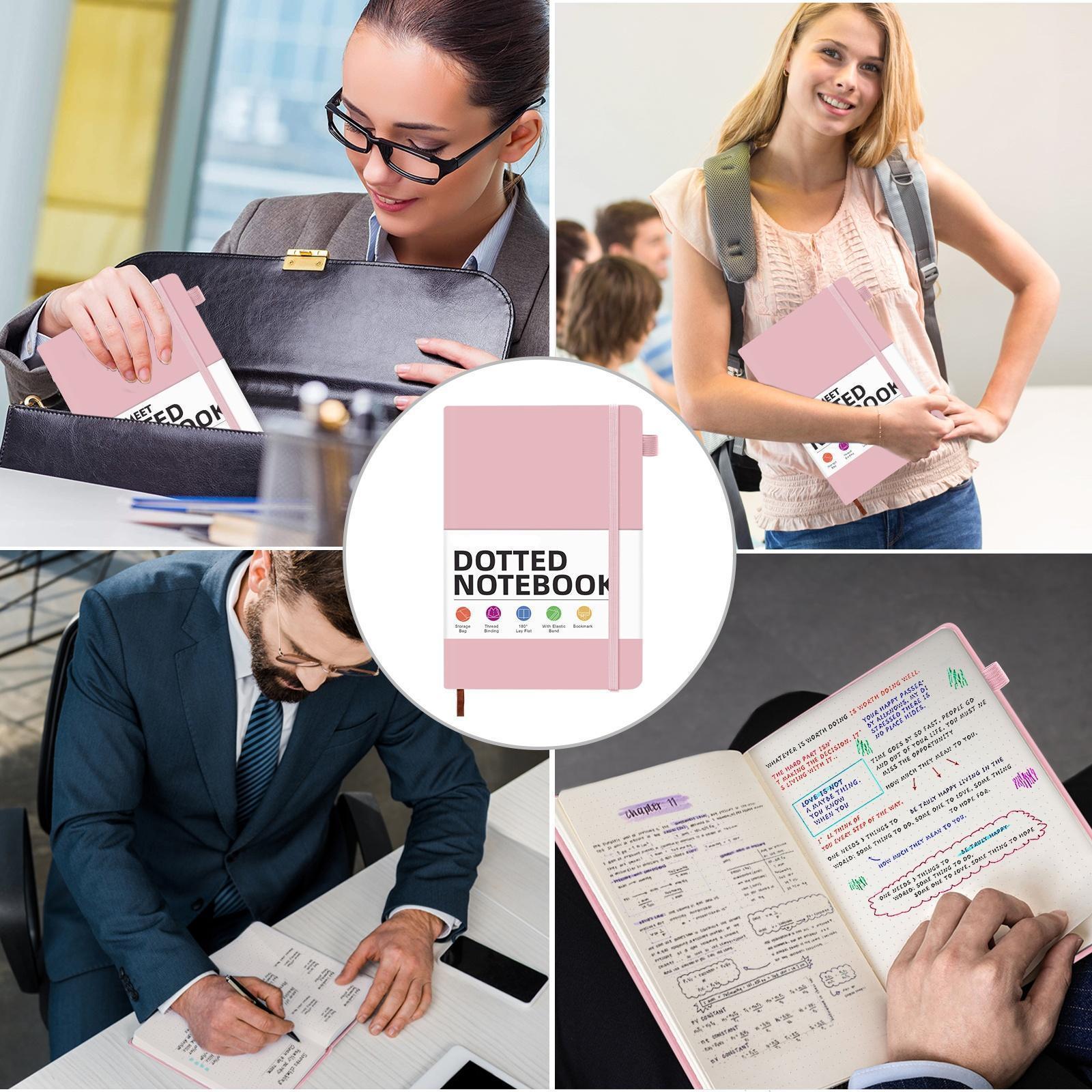 Dotted Journal Bullet Notebooks with Pen Loop, Hardcover Leather Notebook, 100Gsm Premium Thick Paper with Inner Pocket, Stickers, A5, 5.7 x 8.3 inches, Best Gift