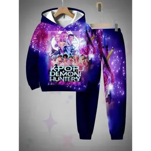 Theme Hoodie Set, Blue Casual Sweatshirt and Pants, Full Print, Autumn/Winter Fashion, Medium Weight Fabric