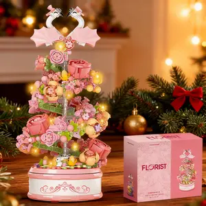 Christmas Tree Building Blocks Music Box Pink Rotating with Light Flower Bouquet Decoration Set for Girls Adults Kids Festive Gift