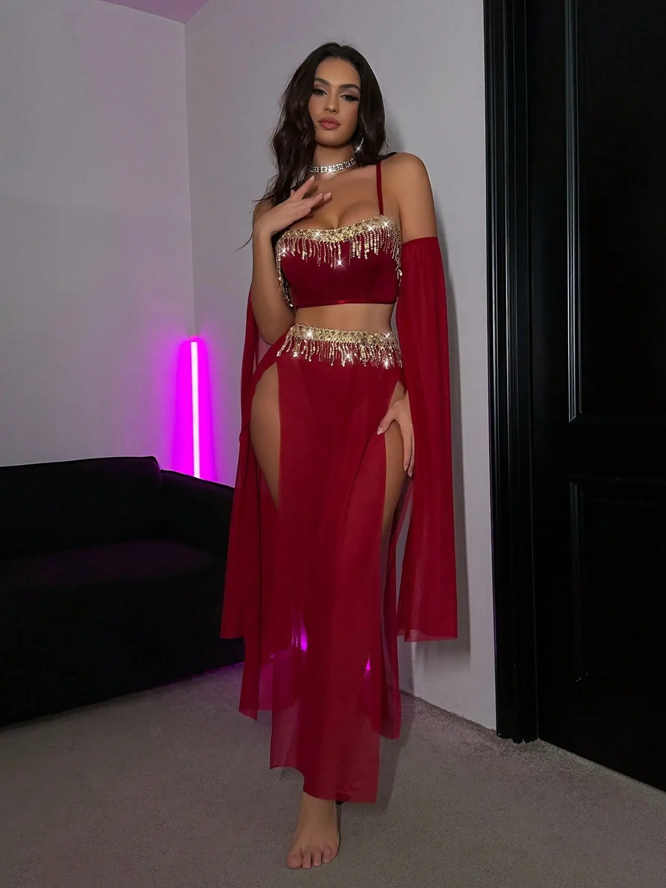 Elegant Women's Stage Performance Dress Set Outfit, Long Flowing Tassels, High Split Design, Adjustable Straps, Suitable for All Seasons, Womenswear