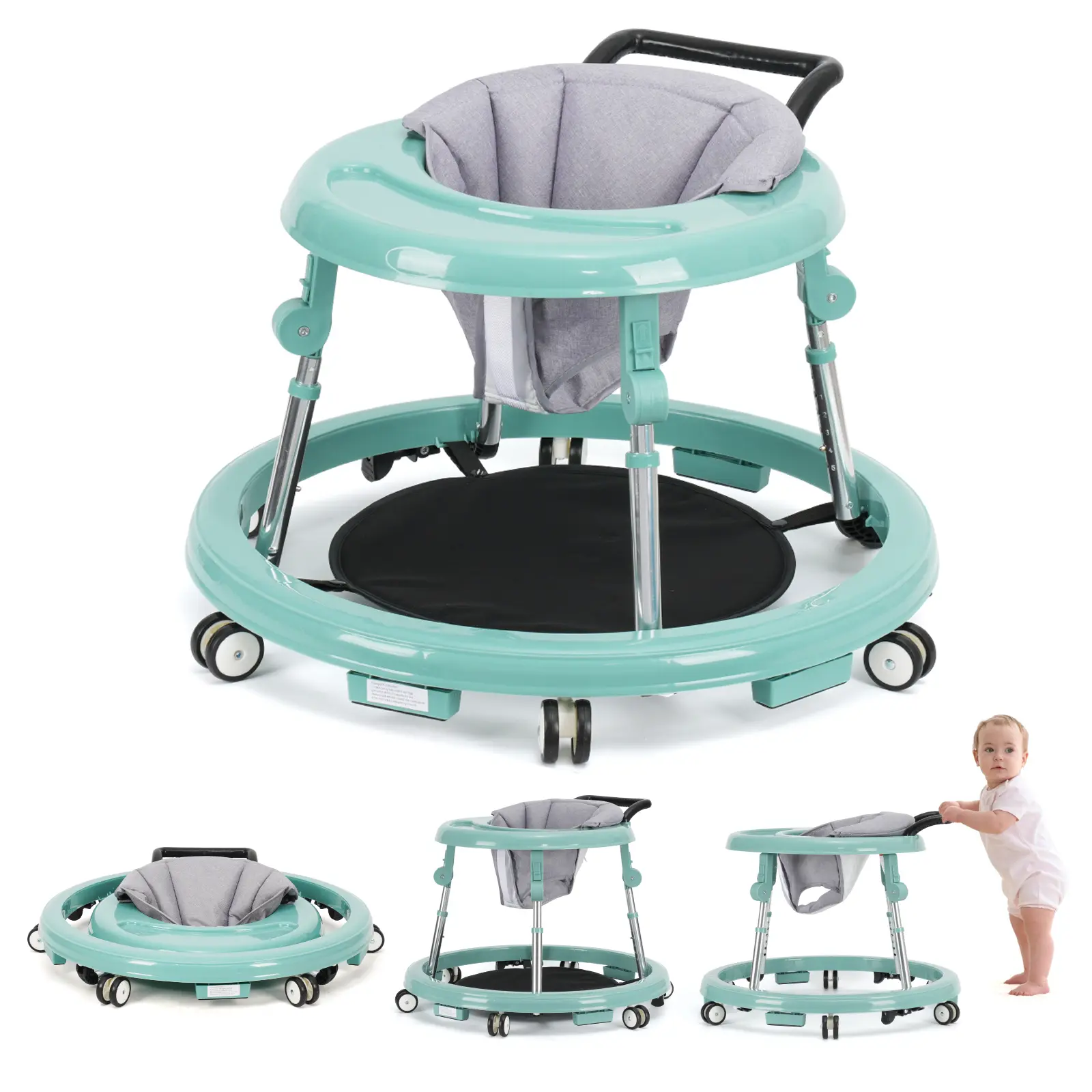 Adjustable Foldable Baby Walker Combo （floorwalker）  in Teal with Grey Cushion for Safe Walking Practice summer