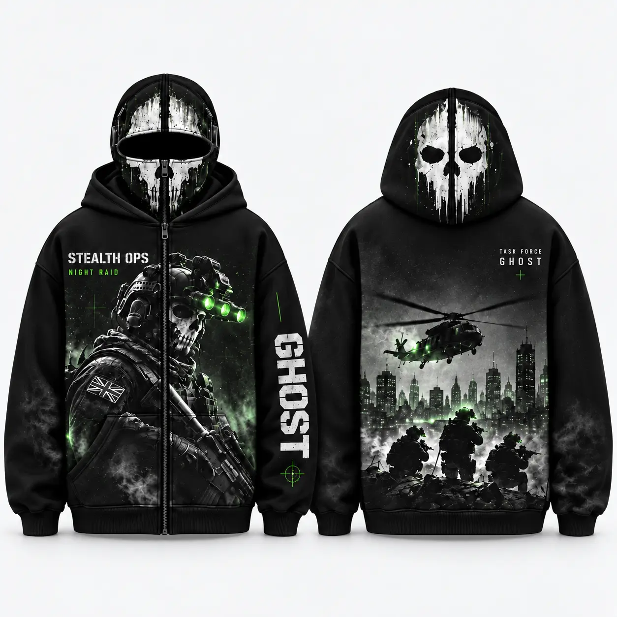 Call of Duty Ghost Mens Full-Zip Balaclava Hoodie, Simon Riley Built-In Skull Mask Jacket, Night Raid Helicopter City All-Over Print Sweatshirt, Tactical Gamer Gift