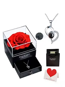 Mother's Day Gift Set, 100 Languages Love Projection Necklace, Rose Flower Pendant, Elegant Heart Charm, Jewelry Box, Express Love to Mom, Heart Design Necklace