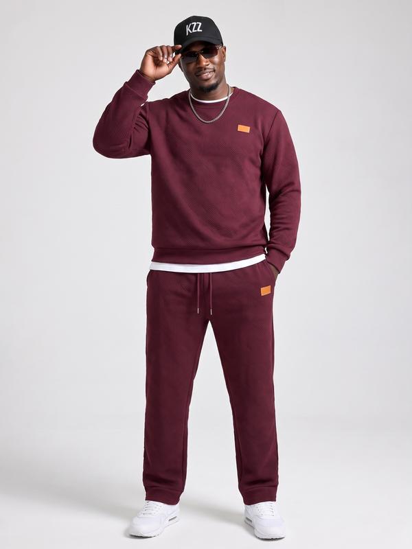 KZZ Men's 2-Piece Classic Textured Tracksuit Set, High-Quality Fabric Crewneck Jacquard Long Sleeve Shirt & Joggers, Comfy All-Day Loungewear, Crewneck Sweatshirt Layers With Ease, Fall Winter Athletic Wear Christmas Gift