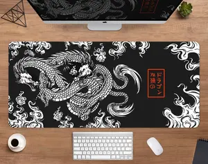 Dragon Desk Mat Japanese Mousepad Black and white, Japan kanji seal abstract oriental art, XXL large wide gaming deskmat small mouse pad, Desk Mat Gifts