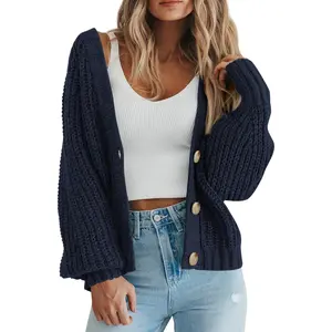 Women's Chunky Knit Open Front Sweater Long Sleeve Button Loose Short Cardigan Outerwear CoatsGift