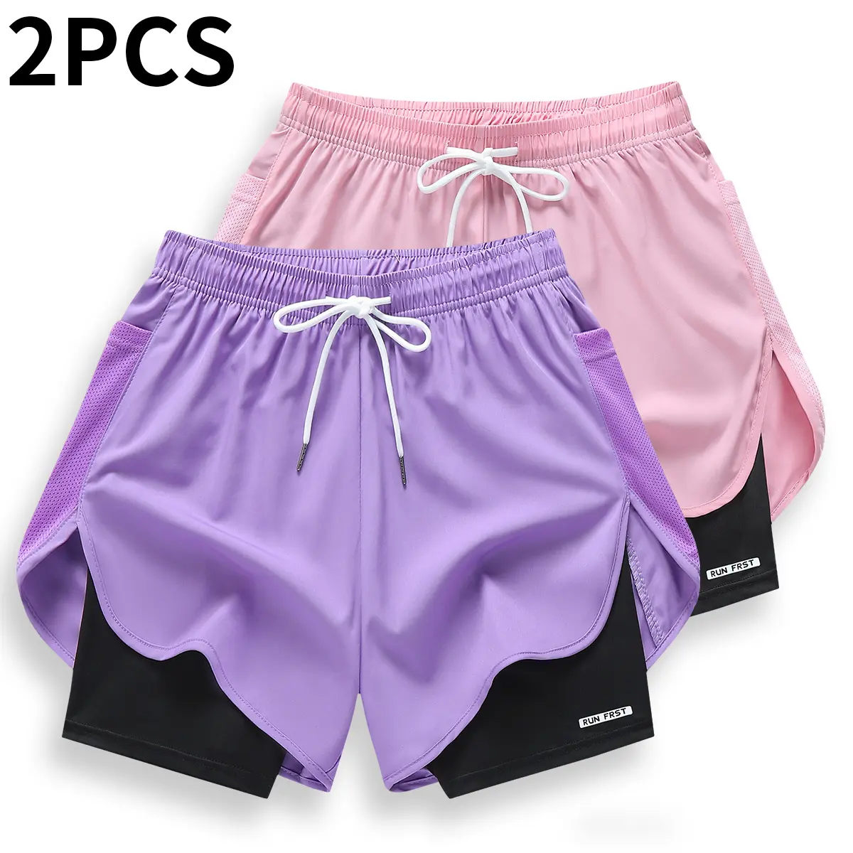 Women's Sports Shorts, 2-Pack Double-Layer Activewear with Letter Print, Quick-Drying Breathable Fit for Fitness and Casual Sports, Clothes For Women, Active Women's Sports Shorts