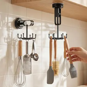 2 Pack Vacuum Suction Cup Kitchen Utensil Hook with 6 Hooks, [Up to 11 lbs ] Under Cabinet Kitchen Hooks with 360° Rotating, Utensils Hanging Rack for Kitchen, Bedroom, Bathroom, Glass