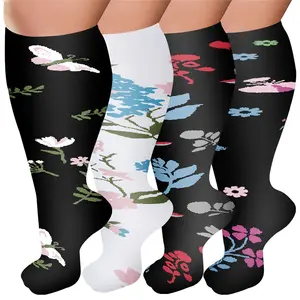 4 Pairs Plus Size Compression Socks Unisex High Elasticity Extra Wide Calf Knee-High Long Socks Suitable for Sports Running Nursing Cycling Exercise