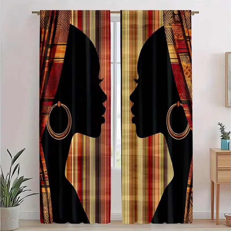 2-piece set of single-layer printed curtains featuring images of African women, made of semi transparent polyester fiber material and designed with pole pockets, suitable for bedroom, living room, and dining room decoration throughout the year