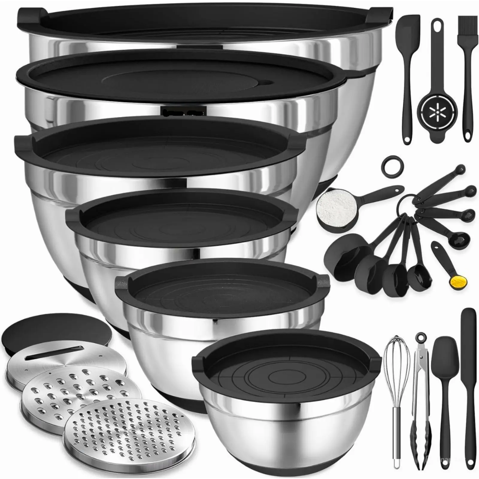 26Pcs Stainless Steel Mixing Bowls Set with Airtight Lids, 3 Graters & Black Non-Slip Bottoms - Great for Mixing & Serving - mixing bowls Tableware Mixing Bowls with Grater Lid Mixing Bowls with Rubber Bottom Kitchen Bowl Set with Utensils Bowl Set 2.1