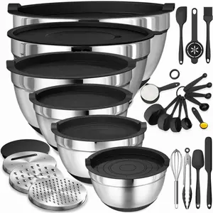 26Pcs Stainless Steel Mixing Bowls Set with Airtight Lids, 3 Graters & Black Non-Slip Bottoms - Great for Mixing & Serving - mixing bowls Tableware Mixing Bowls with Grater Lid Mixing Bowls with Rubber Bottom Kitchen Bowl Set with Utensils Bowl Set 2.1