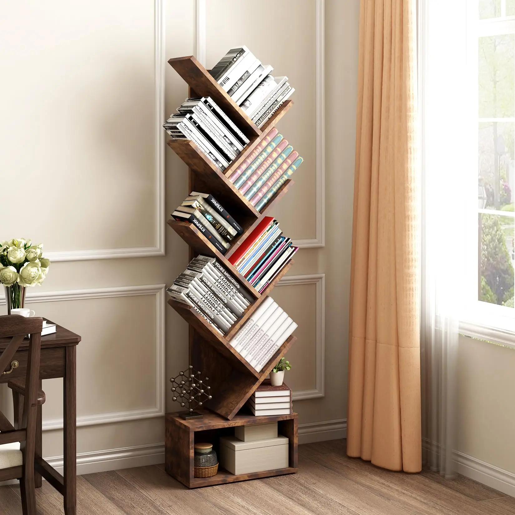 Tree Bookshelf with Storage, 8 Tier Wooden Tall Book Shelf，Floor Standing Bookcase for Kids and Adults, Utility Organizer Shelves for Living Room, Bedroom, Home Office, Brown