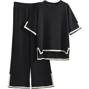 Women’s Sweater Set, 2-Piece Loungewear Set, Short-Sleeve Knitted Pullover Top, Wide-Leg Pants, Gift