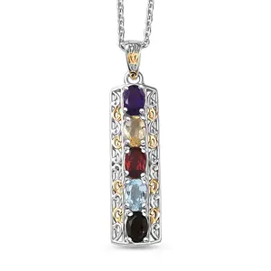 Multi Gemstone 2.10 ctw Pendant in 18K Yellow Gold Plated and Platinum Plated with Stainless Steel Necklace 20 Inches