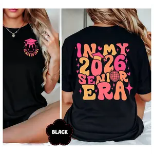 100% Cotton Retro In My 2026 Senior Era Tee for Adults Youth, Class of 2026 Senior 26 Trendy Groovy Wavy Text Graphic Shirt, 2026 Graduation Gift