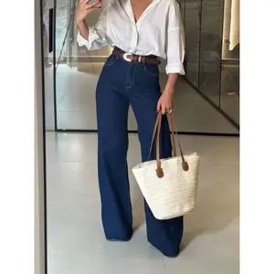 New high-waisted wide-leg jeans for women, casual fitted striped denim jeans, loose straight-leg long trousers, all-season fashion