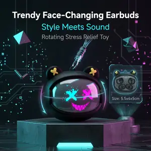 Cute Mood Change Earbuds – Rotating Face Expression Bluetooth Earbuds, Wearable Tech Toy Keychain Ear Clip, Cyber Style Trend Gift