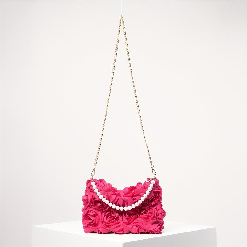 [Wedding Accessory] Elegant Rose-Embellished Crossbody Bag with Faux Pearl Accents - Sweet Pink Floral Evening Clutch, Ideal Valentine's Gift for Women, Polyester Lining, Zip Closure, Wedding Gifts