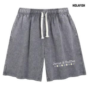 Holafish Women's Acid Washed Shorts Jesus Coffee Graphic Cute Small Flower Print Loose Relaxed Fit Casual Summer Essential Streetwear Bottoms for Outdoor Daily Wear