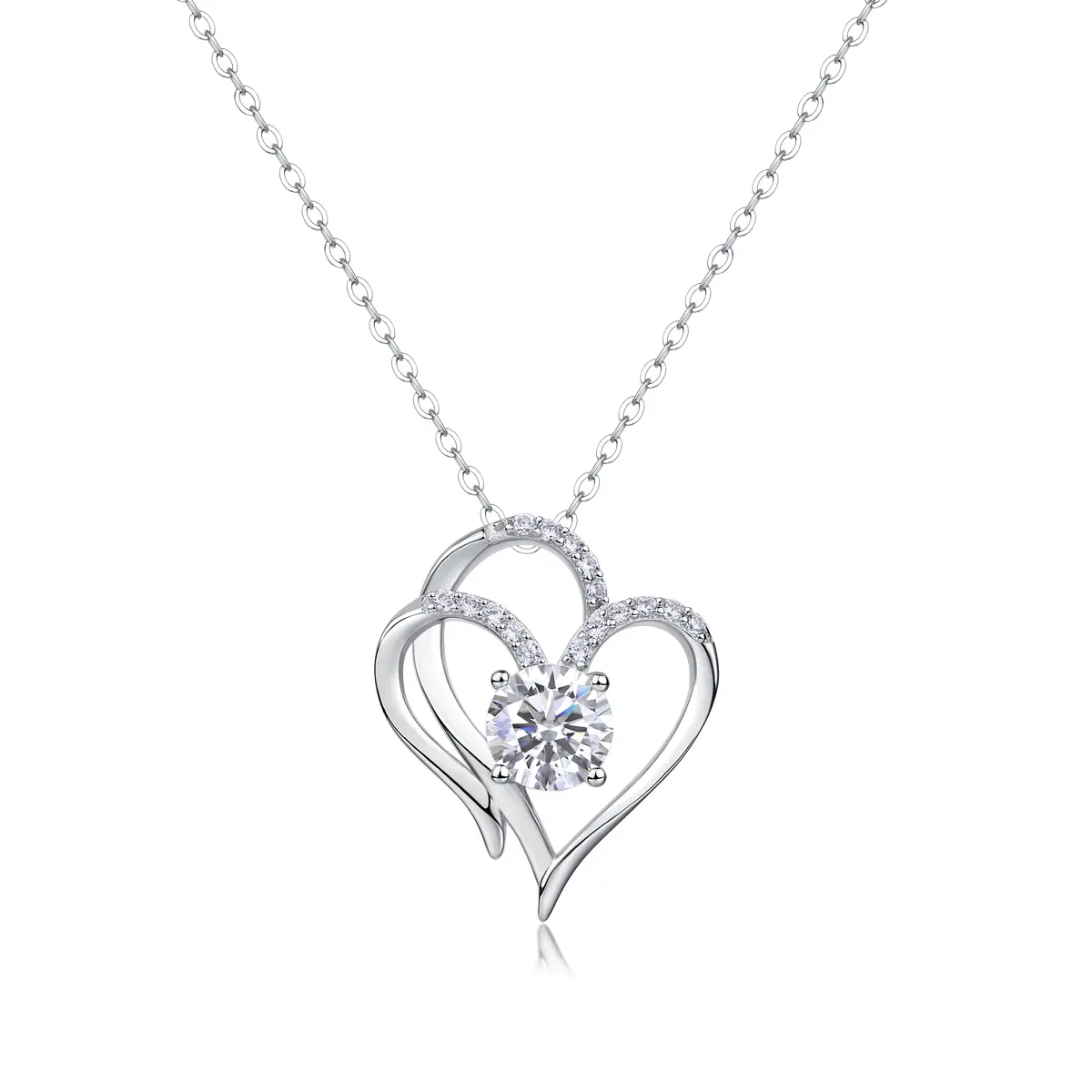 925 Silver Interlocking Double Heart Moissanite Necklace - Elegant Cutout Heart Pendant with Pave Detail, 2.6g Weight, Romantic Gift Jewelry for Her (Christmas, Birthday)