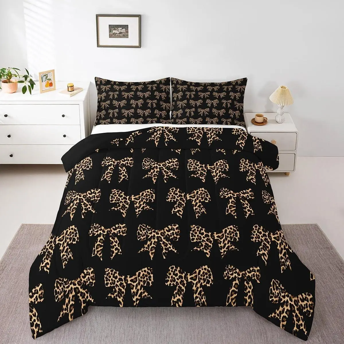 Feelyou Brown Abstract Leopard Print Down Comforter Set with Coquette Bowknot - Women's Bedding Sets, Queen Bedding for Bedroom Use, Queen Bedding Sets
