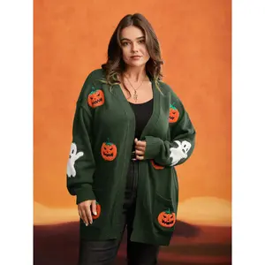 BLOOMCHIC Plus Size Open Cardigan with Pumpkin & Ghost Embroidery [M–6X], 2026 Summer Vibes