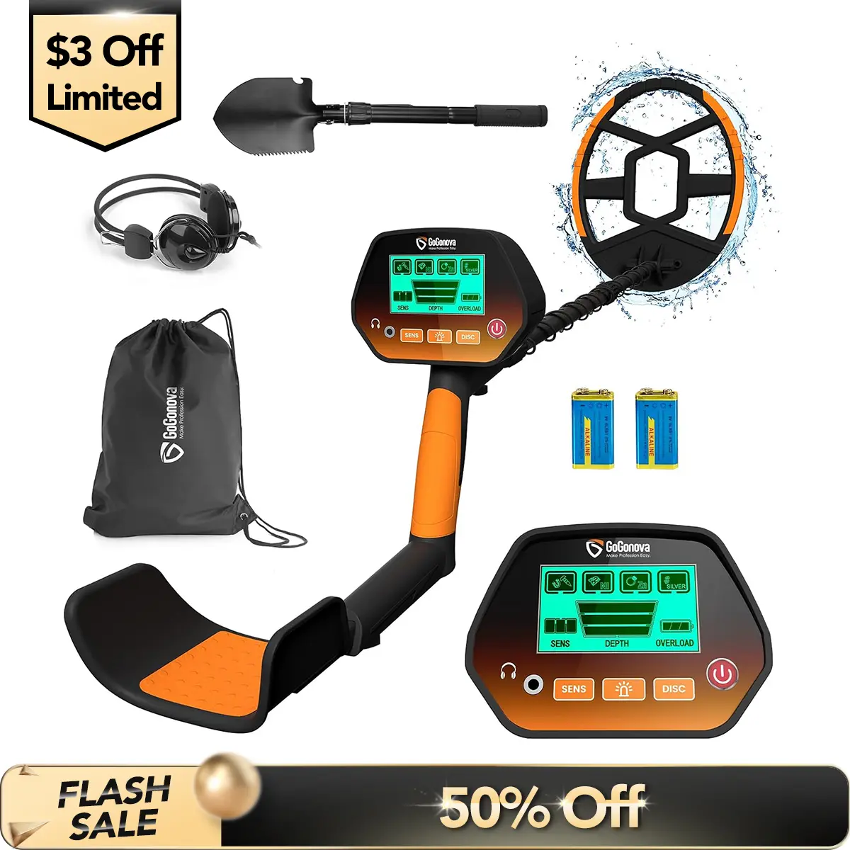 【Treasure Hunt】GoGonova Waterproof Metal Detector for Adults & Kids with 8" Search Coil All Metal & Disc Modes Portable Tool Kit Adjustable Stem IP68 Rating Lightweight Design LCD Display Durable Shovel Anti-interference Headphones