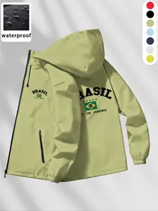 Men's Windproof Waterproof Brazil Flag Print Hooded Jacket, Casual Fitted Long Design with Drawstring and Multiple Pockets